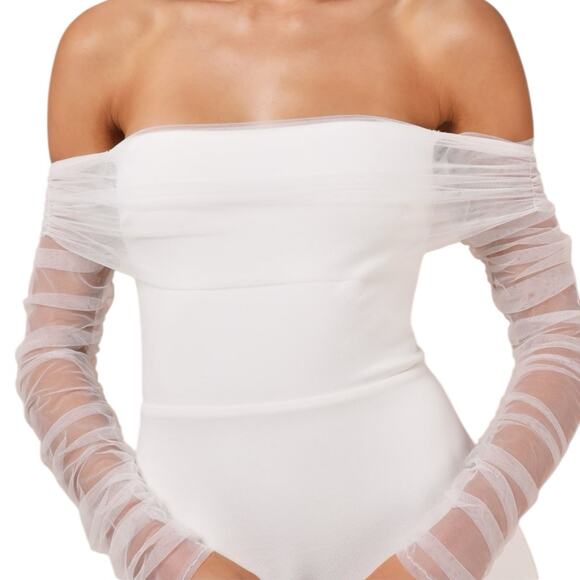 NWD Lulus Beautifully Beloved White Mesh Off Shoulder Maxi Wedding Dress Medium - Picture 4 of 13